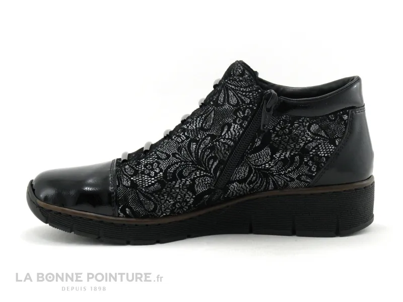 Achat chaussures Rieker Femme Chaussure montante, vente Rieker 53778-00 Noir Argent fleuri - verni - Chaussure montante