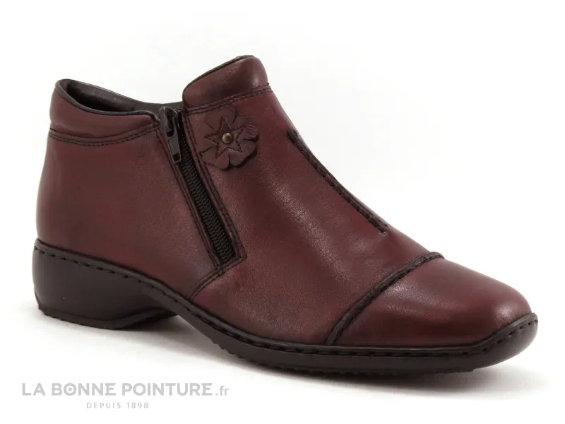 Achat chaussures Rieker Femme Chaussure montante, vente Rieker antistress L3888-35 boots tendance en cuir bordeaux a deux zip
