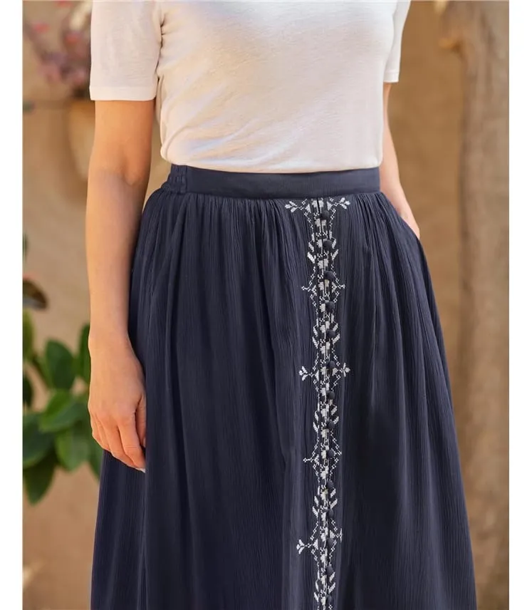 Jupe évasée brodée à boutons - Femme - Viscose