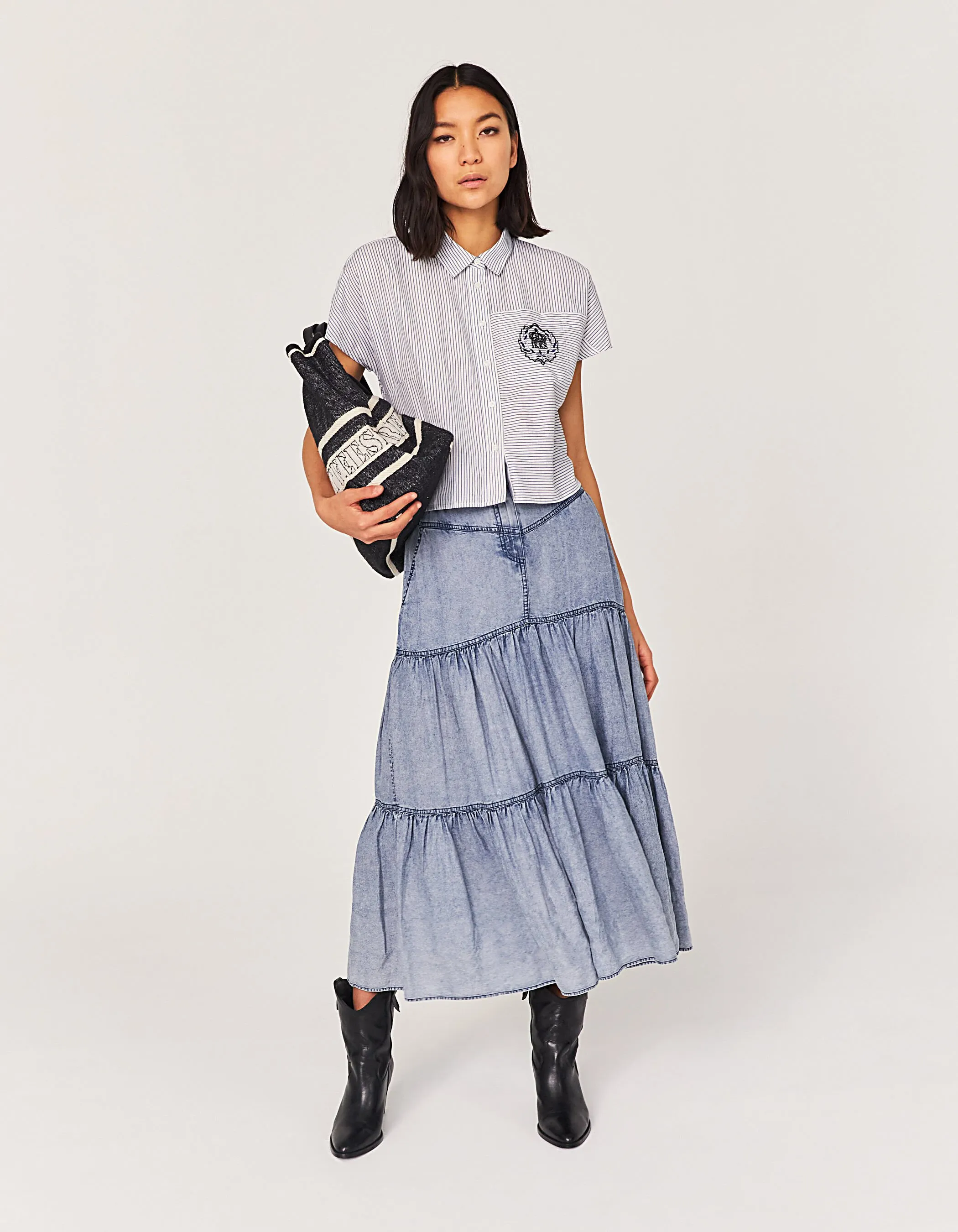 Jupe ample en tencel bleu traitement acid wash femme