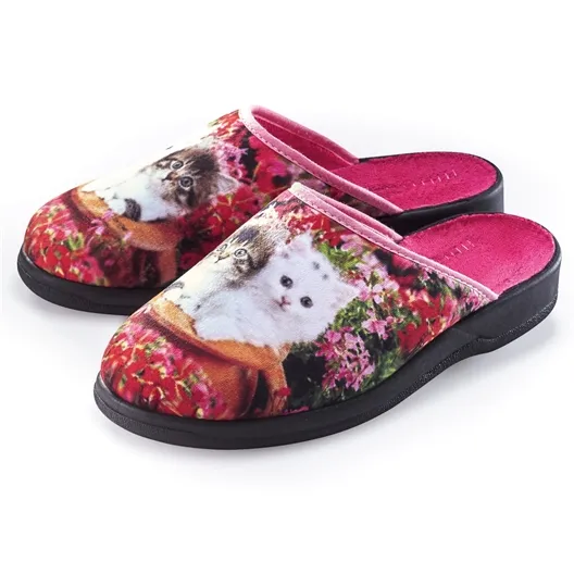Mules fleuries chat blanc