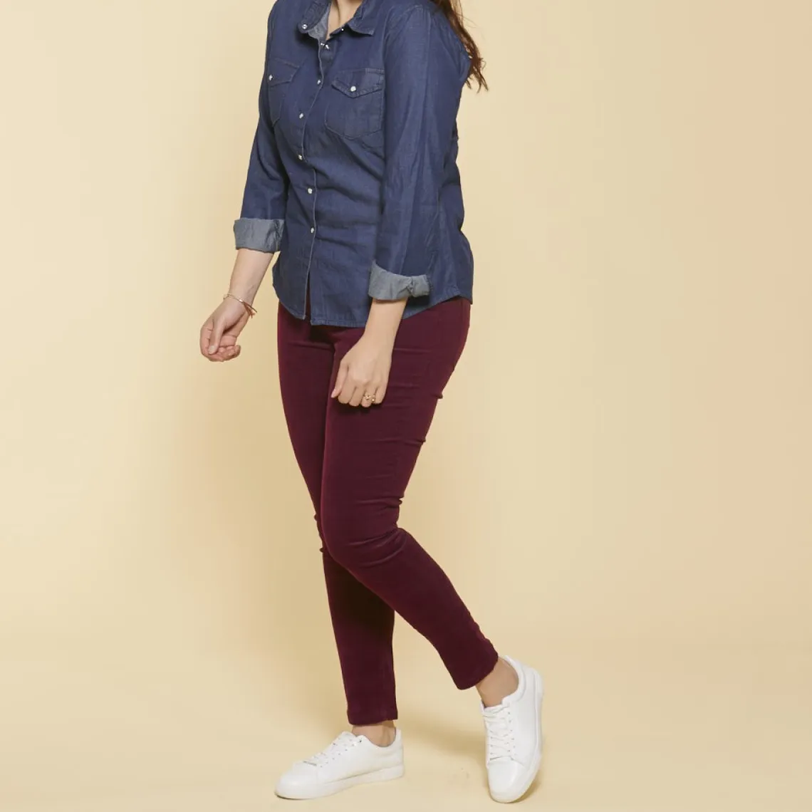 Pantalon 5 poches femme 3 SUISSES COLLECTION aubergine en coton | 3 Suisses