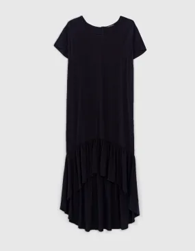 Robe en crêpe noir longueur asymétrique boutons dos femme