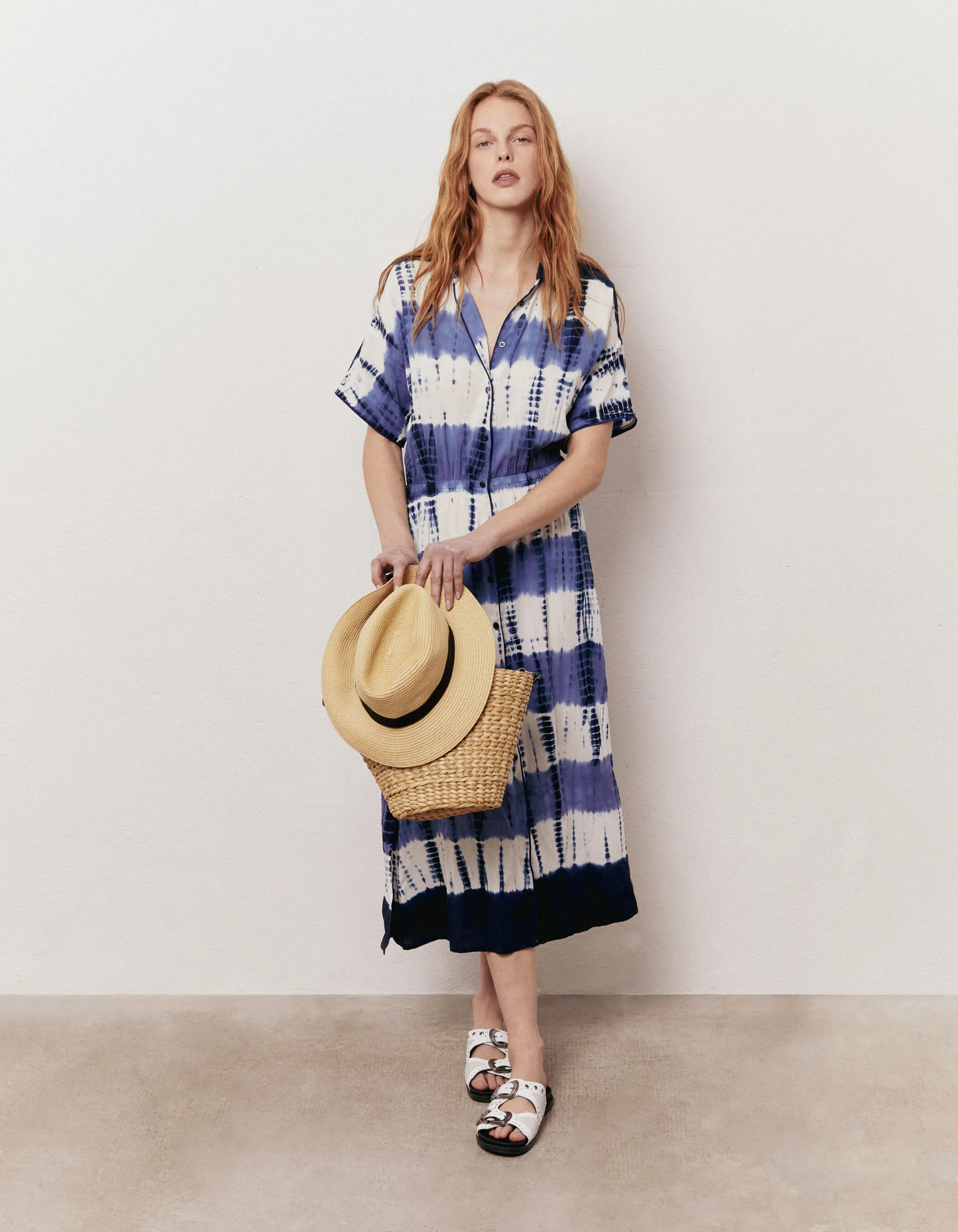 Robe longue boutonnée devant tie & dye bleu et blanc femme