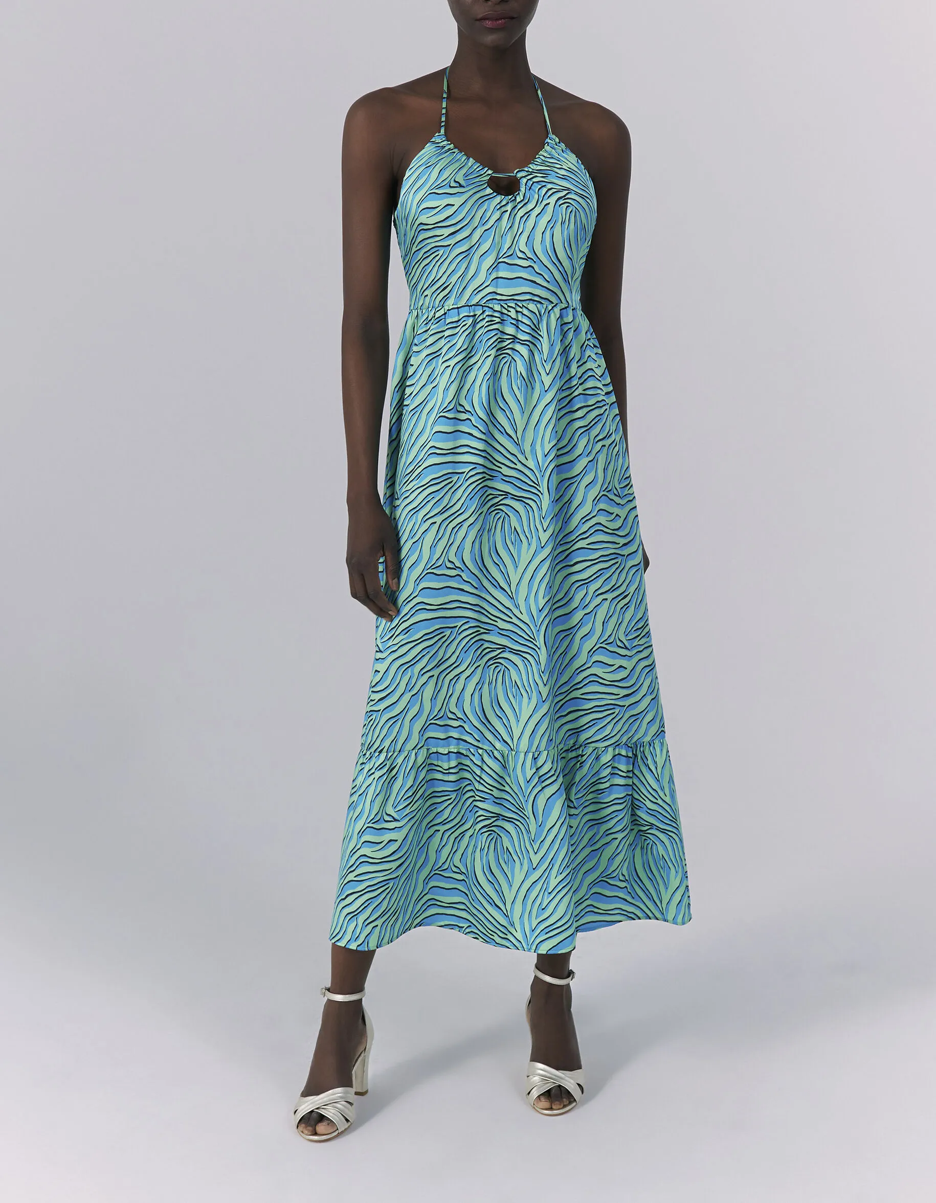Robe longue dos-nu turquoise imprimé zébré Femme